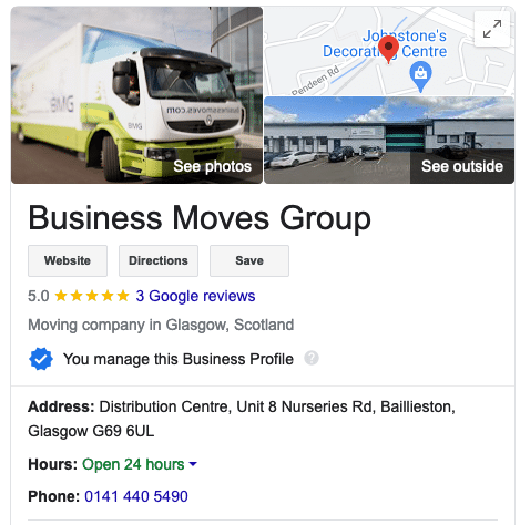 The BMG Google My Business page for Glasgow
