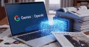 A stack of newspapers and magazines around a laptop. The screen reads Google Gemini and OpenAI