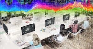 Students at computers with screens that include a representation of a retinal scanner with pixelation and binary data overlays and a brightly coloured datawave heatmap at the top.