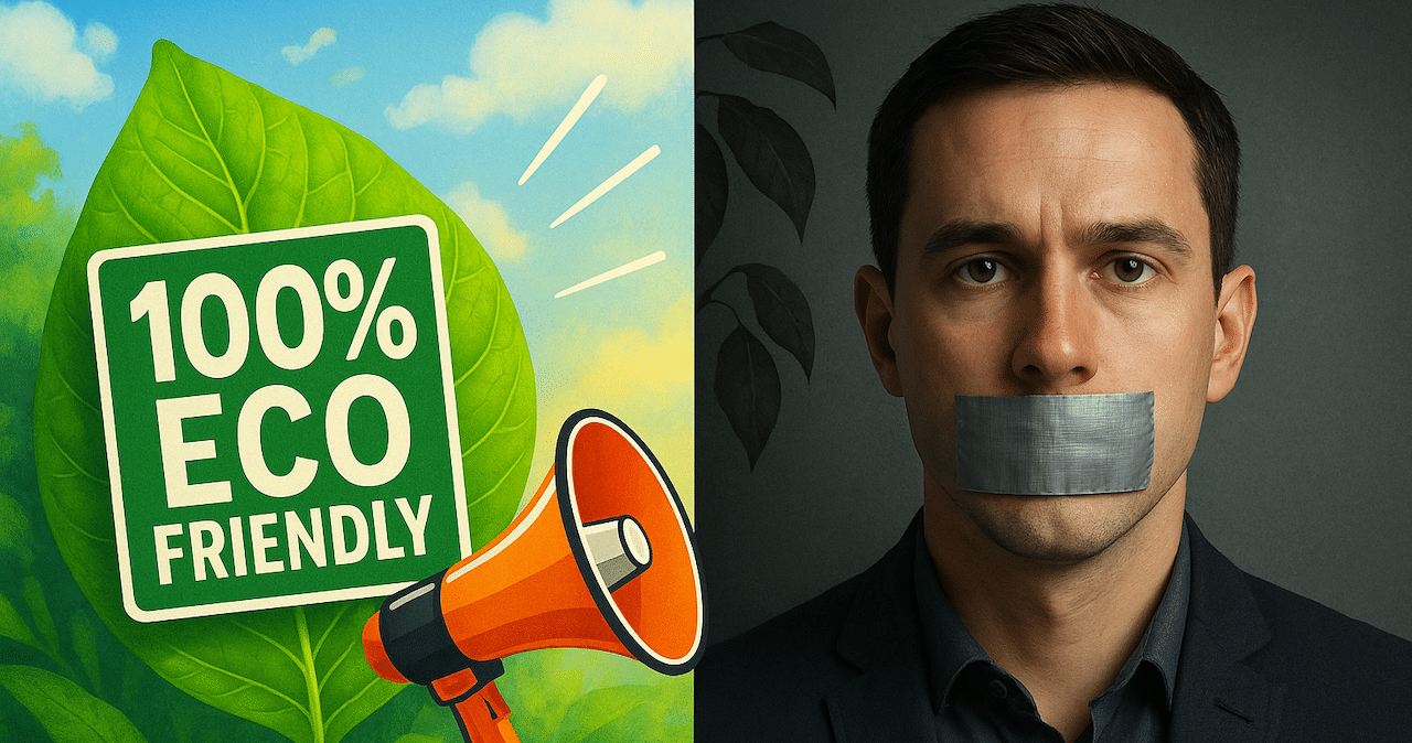 Two panels - on the left is a megaphone and a label saying 100% eco friendly, on the right is a man with duct tape across his mouth