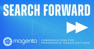 A blue banner with the headline 'Search Forward', the Magenta logo and an icon representing fast forwarding a video