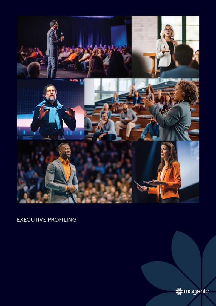 The front cover of Magenta's executive profiling guide. It features different images of speakers and audiences