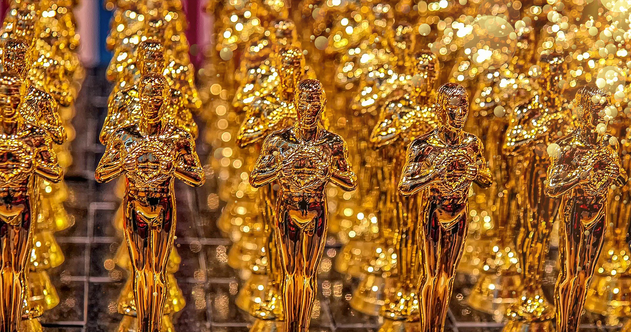 Rows of award trophies