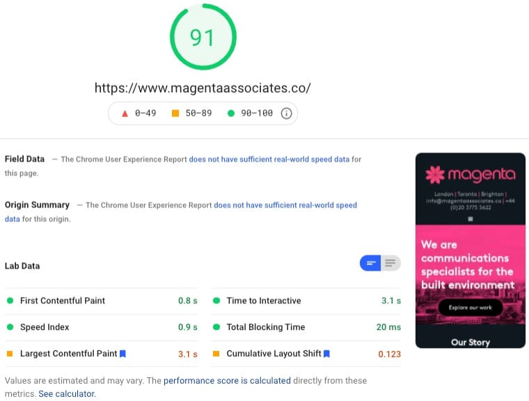 Screenshot of the mobile SEO stats for the Magenta website