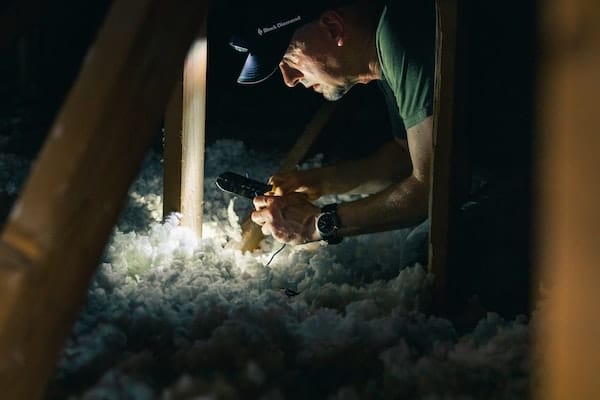 A man with a headtorch looks at insulation in a household attic