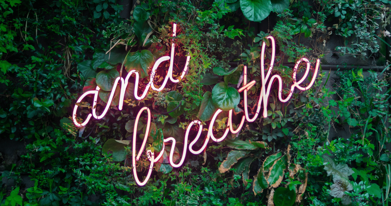 A green living wall with a light up sign that reads "and breathe"
