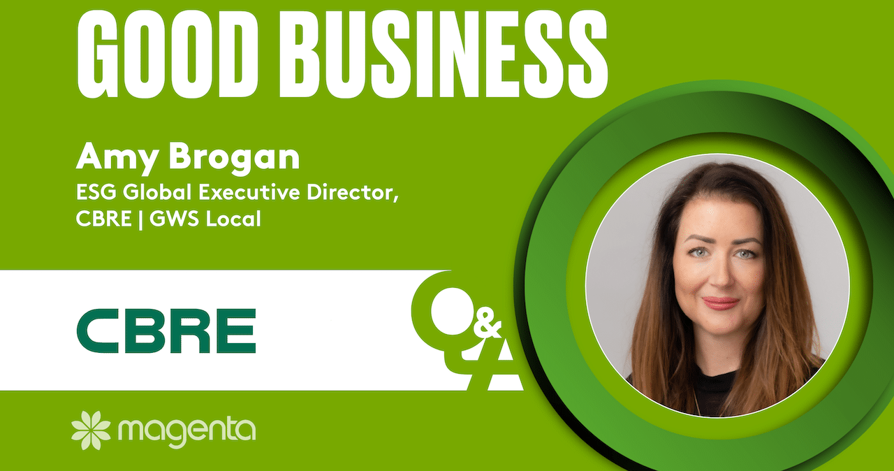 A picture of Amy Brogan in a graphic promoting her Q&A with Magenta for the Good Business campaign