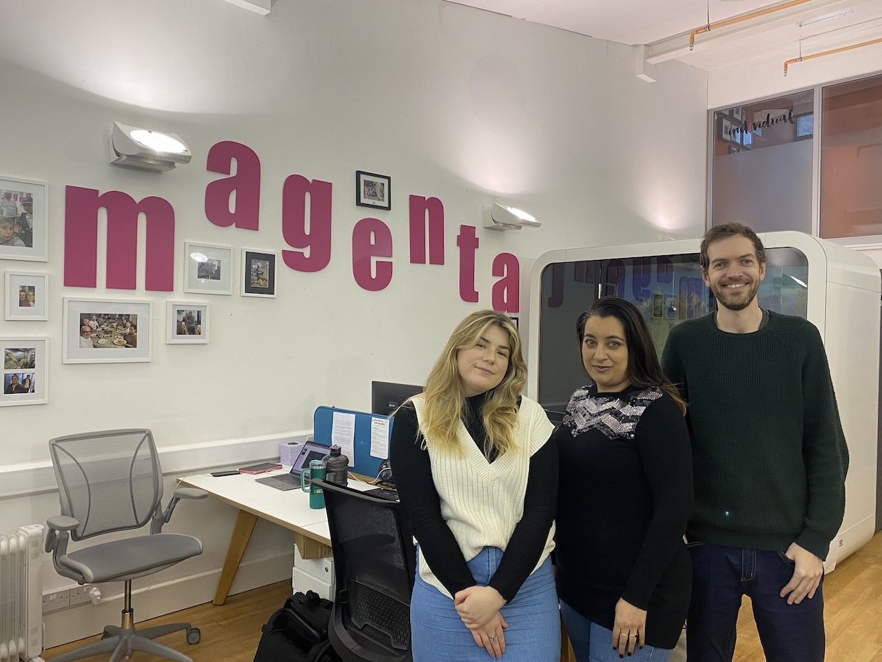 Magenta Volunteer Blog - Anna Kiff, Shahlia Nelson-Rogers and Greg Bortkiewicz stood together in the Magenta Associates office.