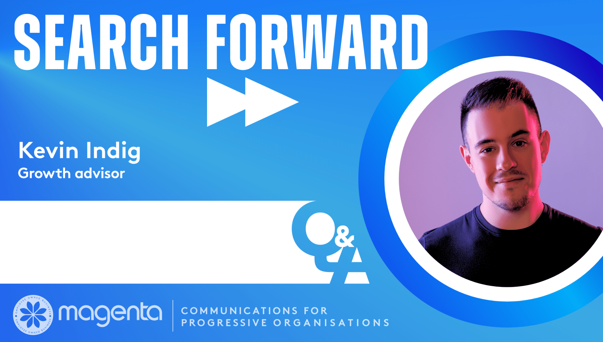 A blue graphic with the series name and a picture of Kevin Indig