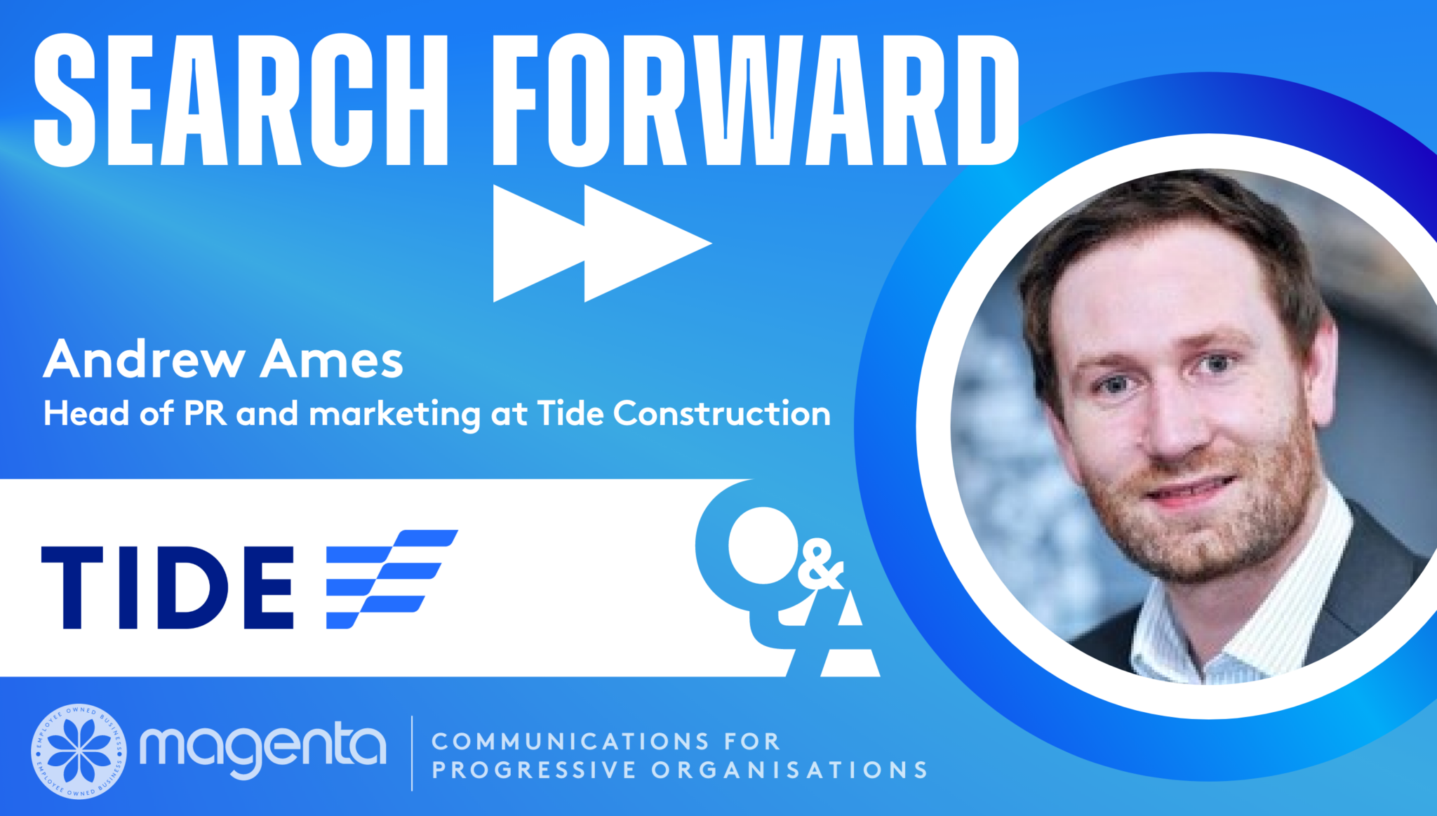 A blue graphic with the Q&A series title and a picture of Andrew Ames